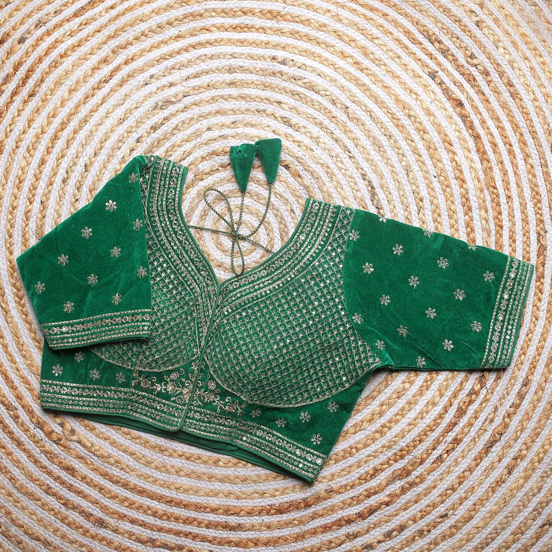 Green Color Blouse with Heavy Embroidery and Sequin Touch-Up