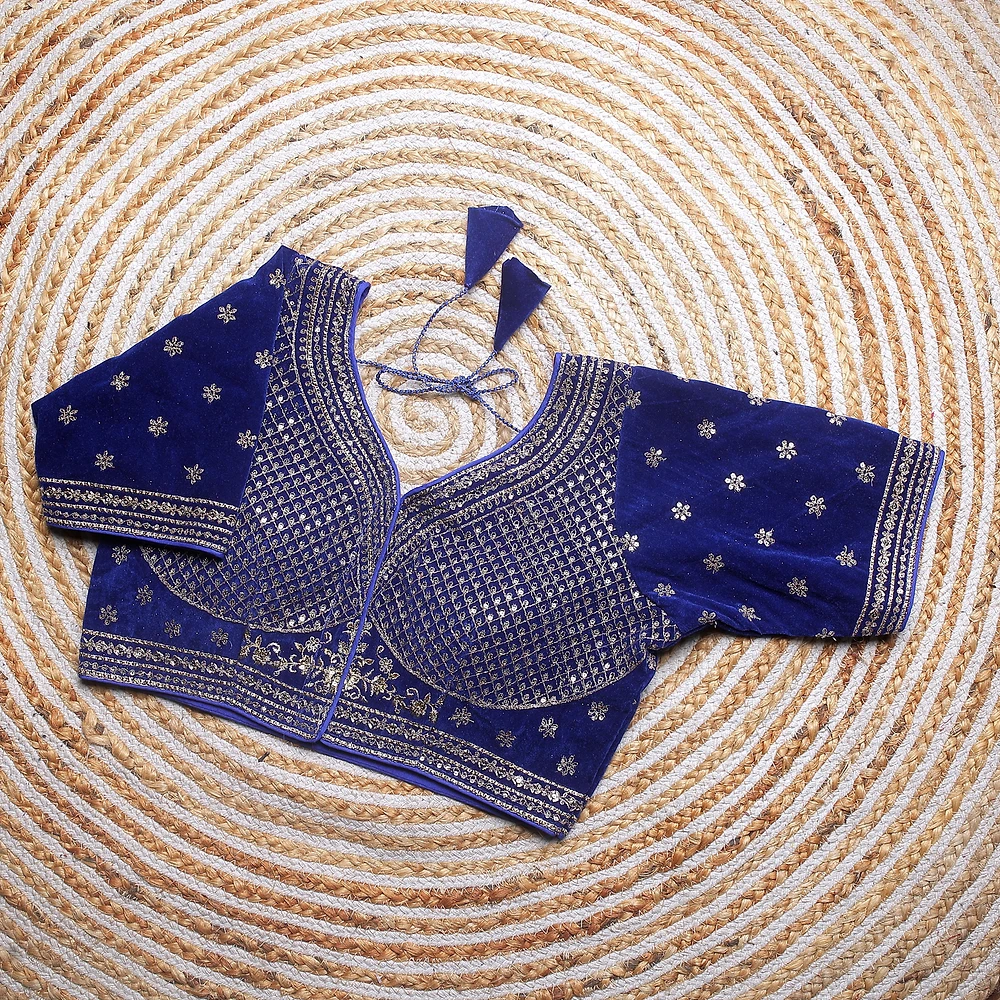 Blue Color Blouse with Heavy Embroidery and Sequin Touch-Up — view 1