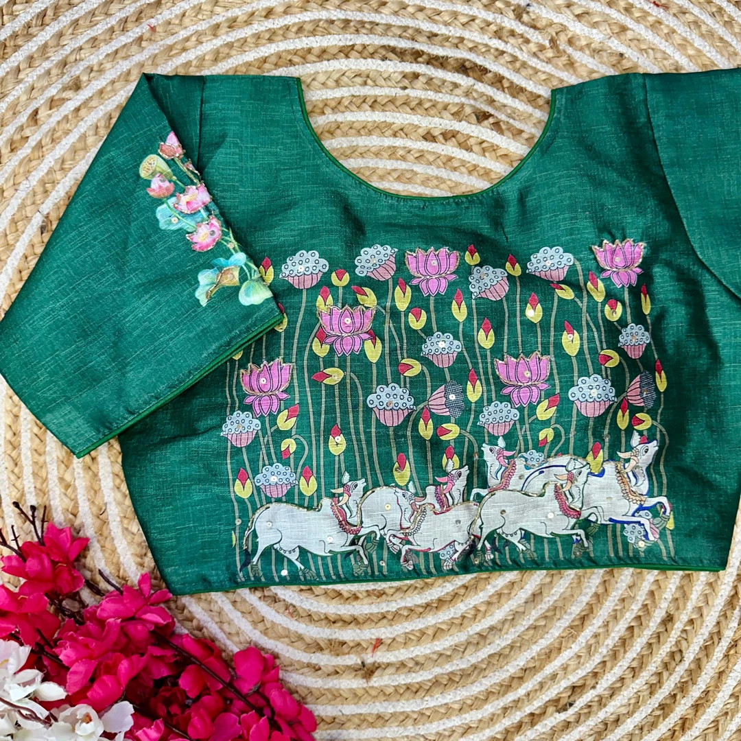 Green Color Antique Handcrafted Print Blouse for Comfortable Style