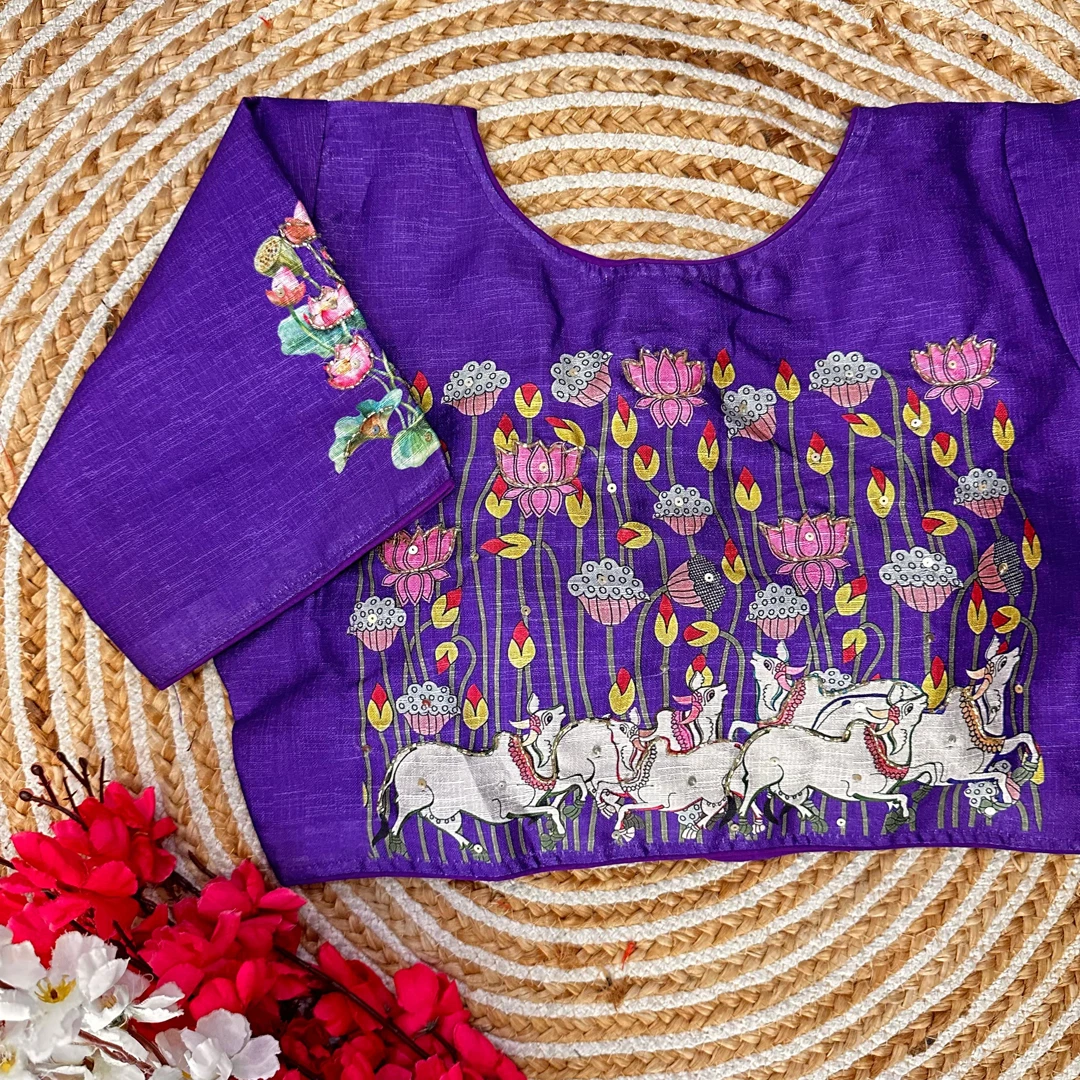 Violet Color Antique Handcrafted Print Blouse for Comfortable Style