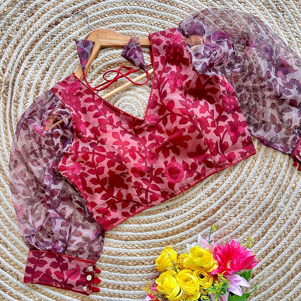 Dark Pink Color Organza Designer Blouse for a Stylish Wardrobe — view 1