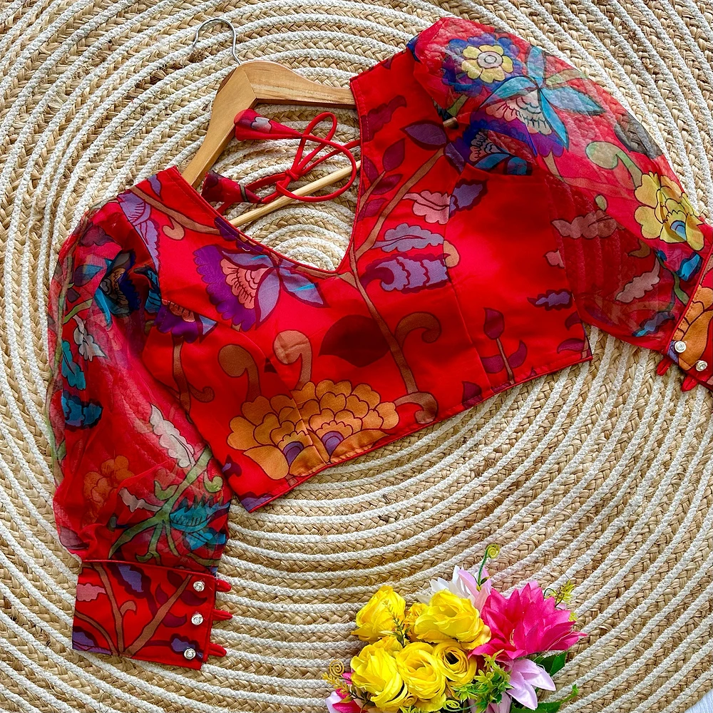 Red Color Organza Designer Blouse for a Stylish Wardrobe — view 1