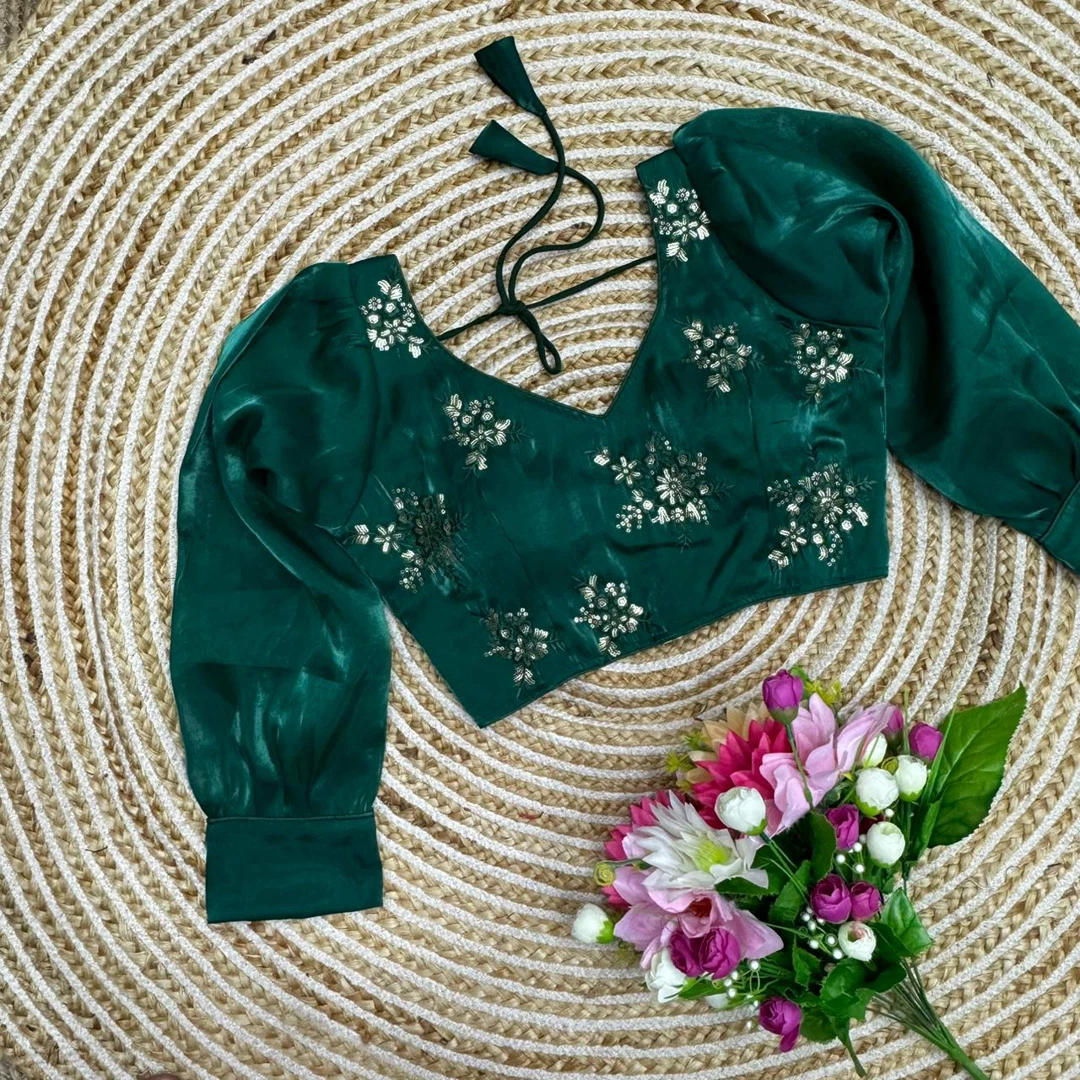 Dark Green Color Tone-to-Tone Embroidered Blouse