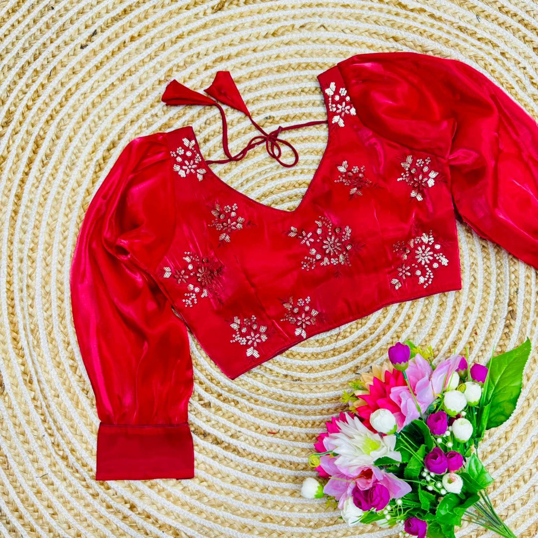Red Green Color Tone-to-Tone Embroidered Blouse