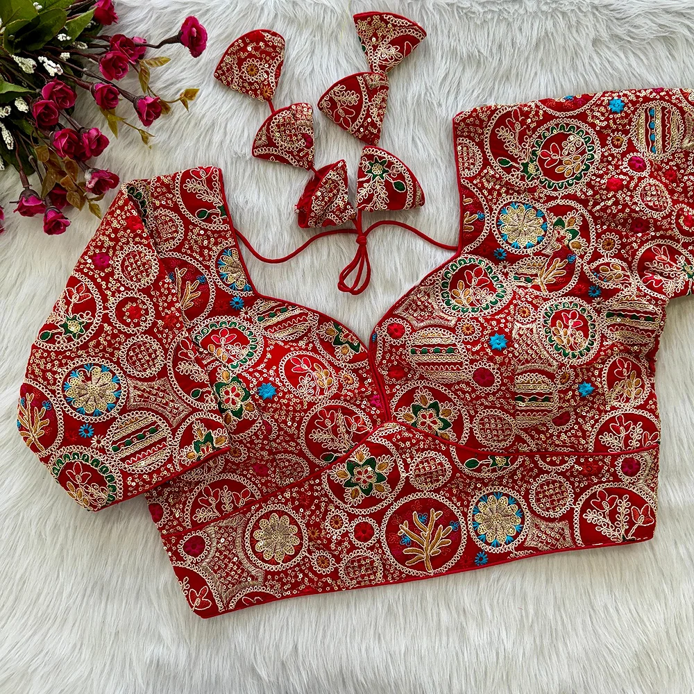 Red Color Heavy Embroidery Thread & Sequence Work Saree Blouse — view 1