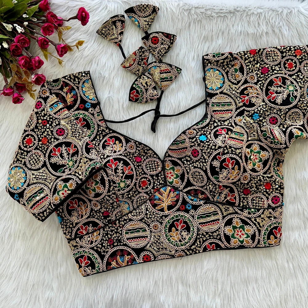 Black Color Heavy Embroidery Thread & Sequence Work Saree Blouse — view 1