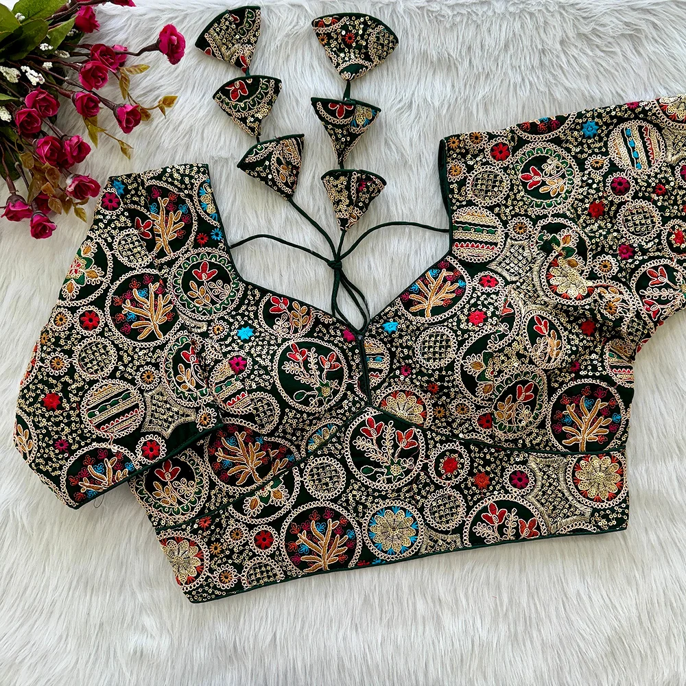 Bottle Green Color Heavy Embroidery Thread & Sequence Work Saree Blouse — view 1