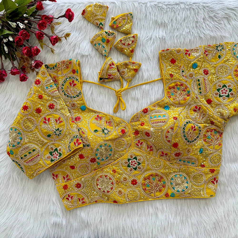 Yellow Color Heavy Embroidery Thread & Sequence Work Saree Blouse — view 1