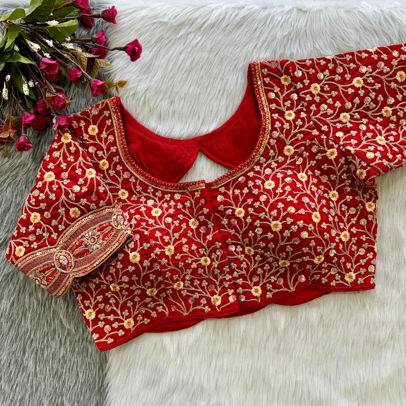 Red Colour Timo Silk Blouse with Stylish Back Cutwork