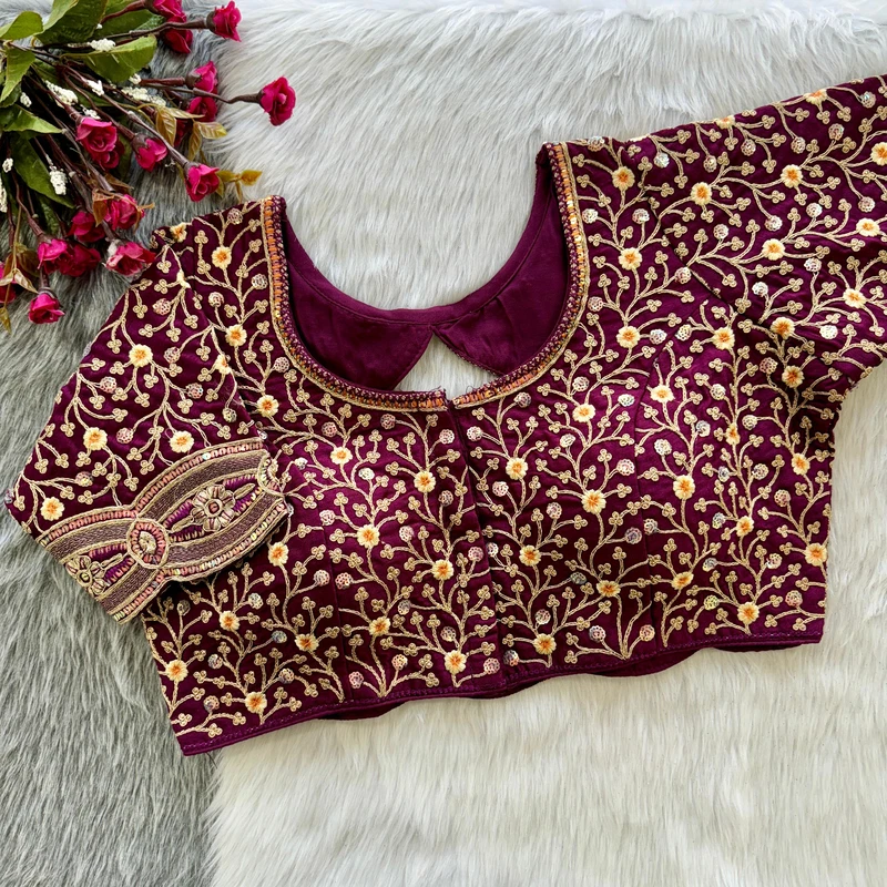 Wine Colour Timo Silk Blouse with Stylish Back Cutwork