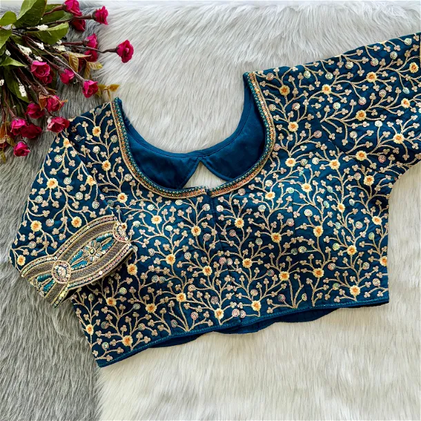 Blue Heavy Embroidery Work Timo Silk Bridal Blouse