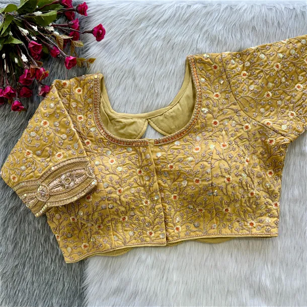 Golden Heavy Embroidery Work Timo Silk Bridal Blouse