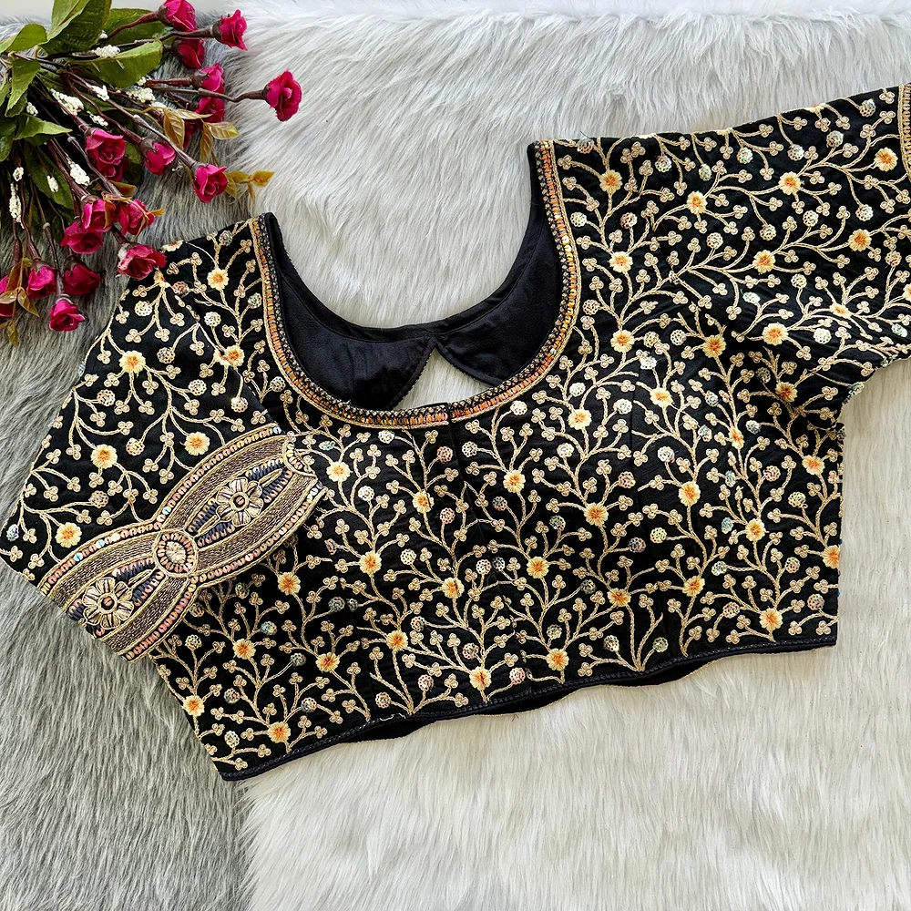 Black Colour Timo Silk Blouse with Stylish Back Cutwork — view 1