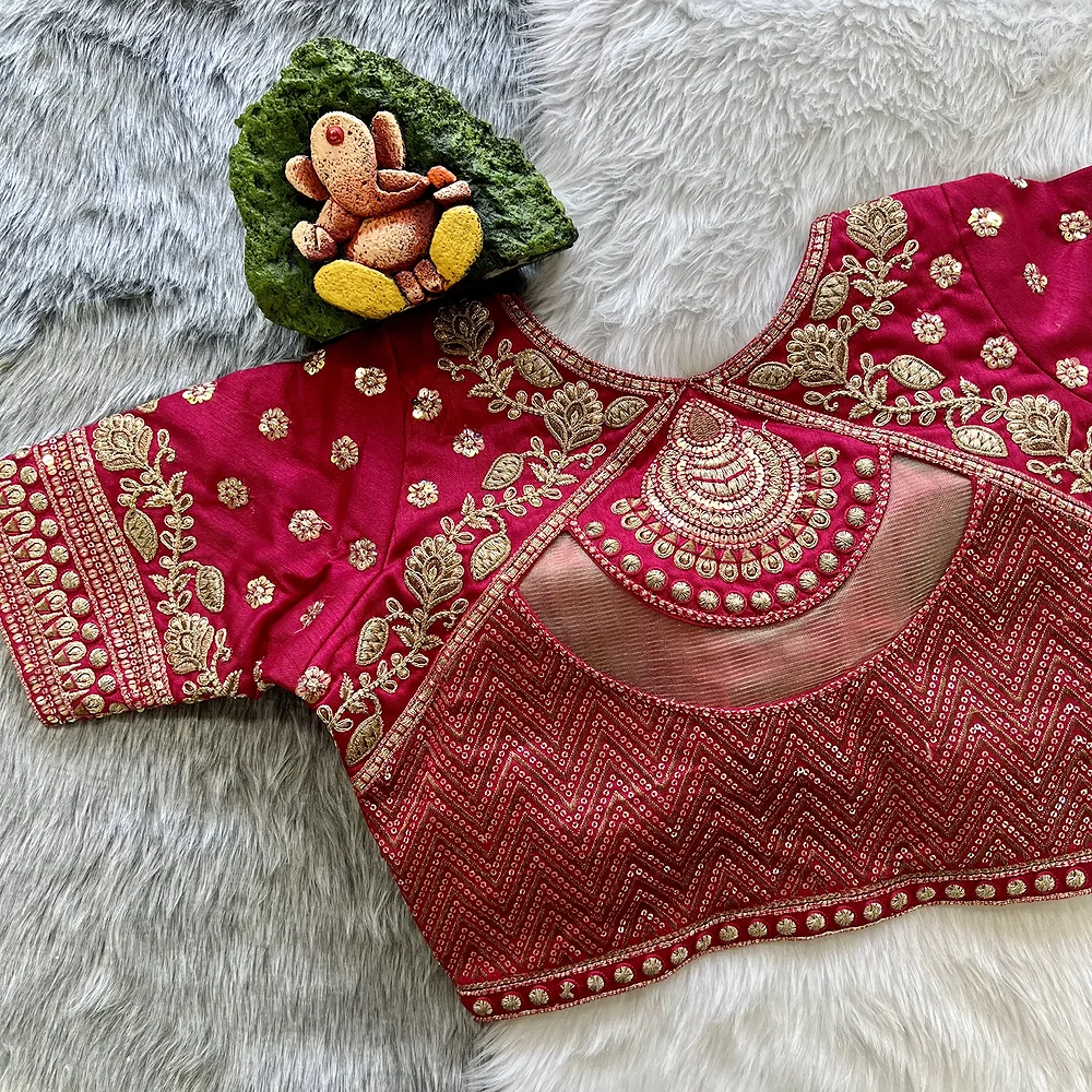 Rani Pink Color Gold Jari & Rainbow Embroidery Wedding Blouse — view 3