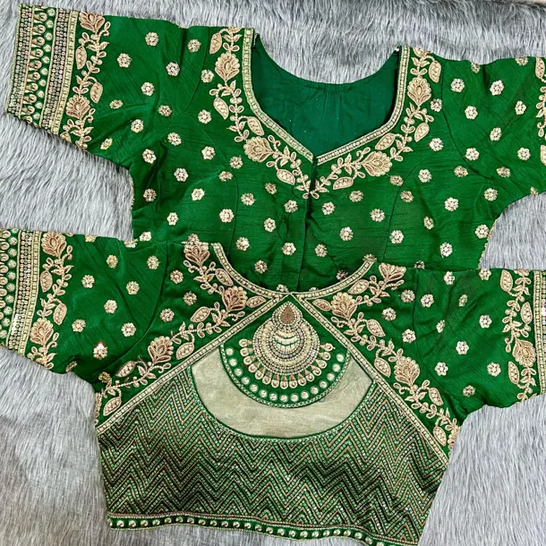 Green Color Gold Jari & Rainbow Embroidery Wedding Blouse