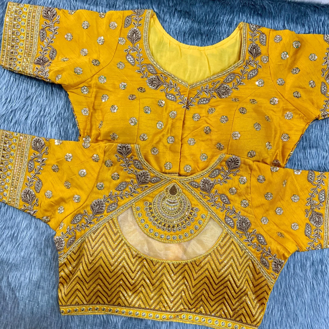 Mustard Color Gold Jari & Rainbow Embroidery Wedding Blouse