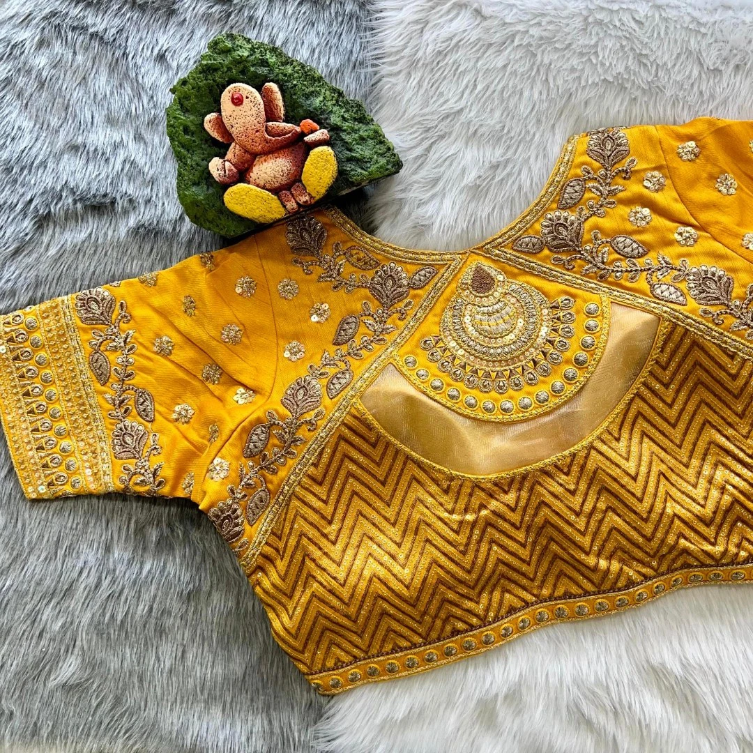 Mustard Color Gold Jari & Rainbow Embroidery Wedding Blouse