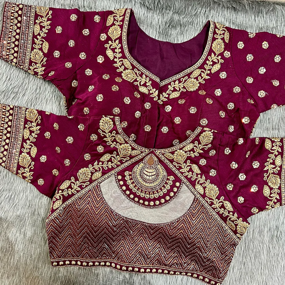 Wine Color Gold Jari & Rainbow Embroidery Wedding Blouse — view 1