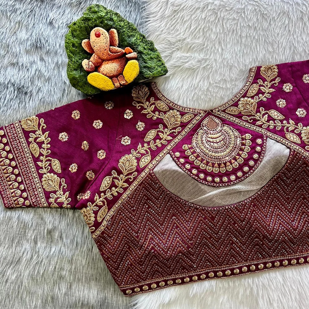 Wine Color Gold Jari & Rainbow Embroidery Wedding Blouse — view 3