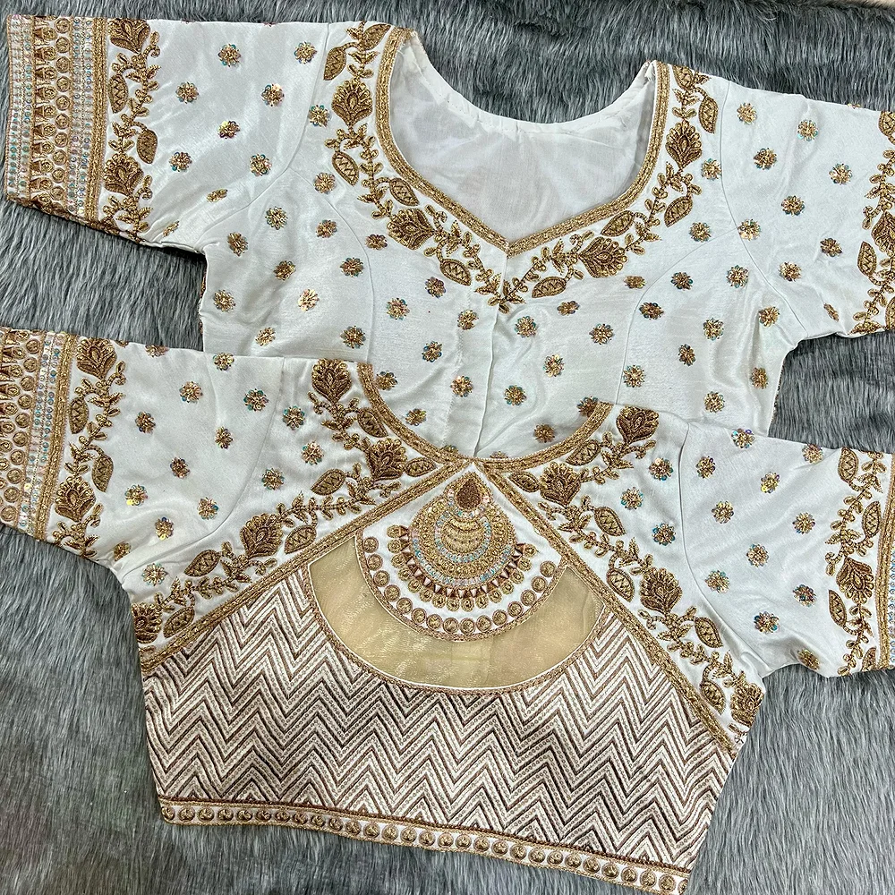 White Color Gold Jari & Rainbow Embroidery Wedding Blouse — view 1
