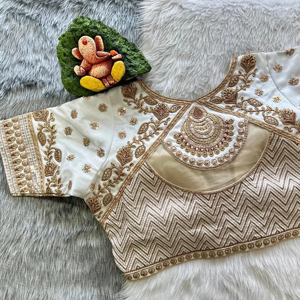White Color Gold Jari & Rainbow Embroidery Wedding Blouse — view 3