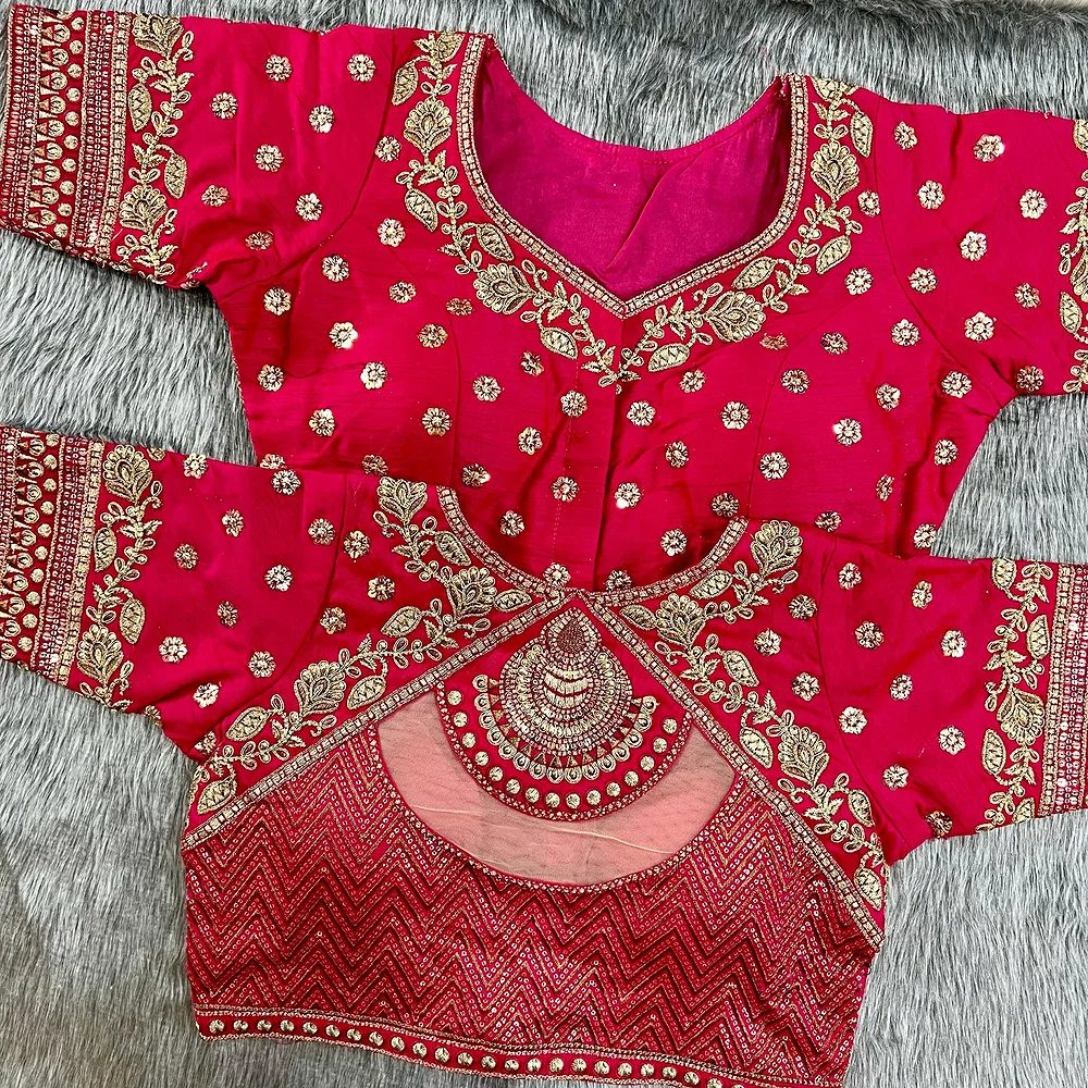 Rani Pink Color Gold Jari & Rainbow Embroidery Wedding Blouse — view 1