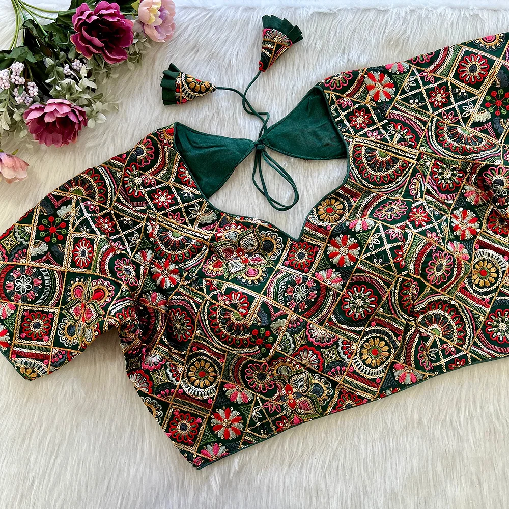 Bottle Green Color Heavy Embroidery Kashmiri Blouse  — view 1