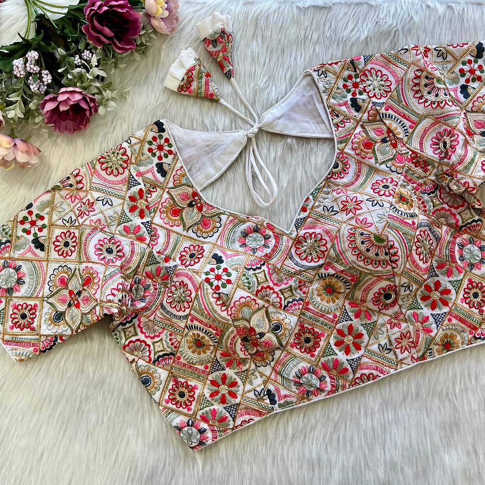 White Color Heavy Embroidery Kashmiri Blouse  — view 1