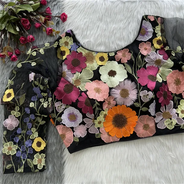 Black Color Heavy Embroidery Work With Beautiful Fancy 3D Flowers