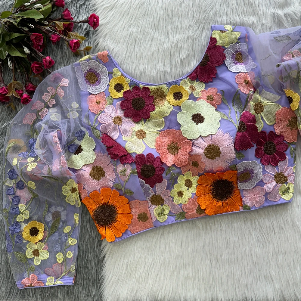Lavender Color Heavy Embroidery Work With Beautiful Fancy 3D Flowers — view 1