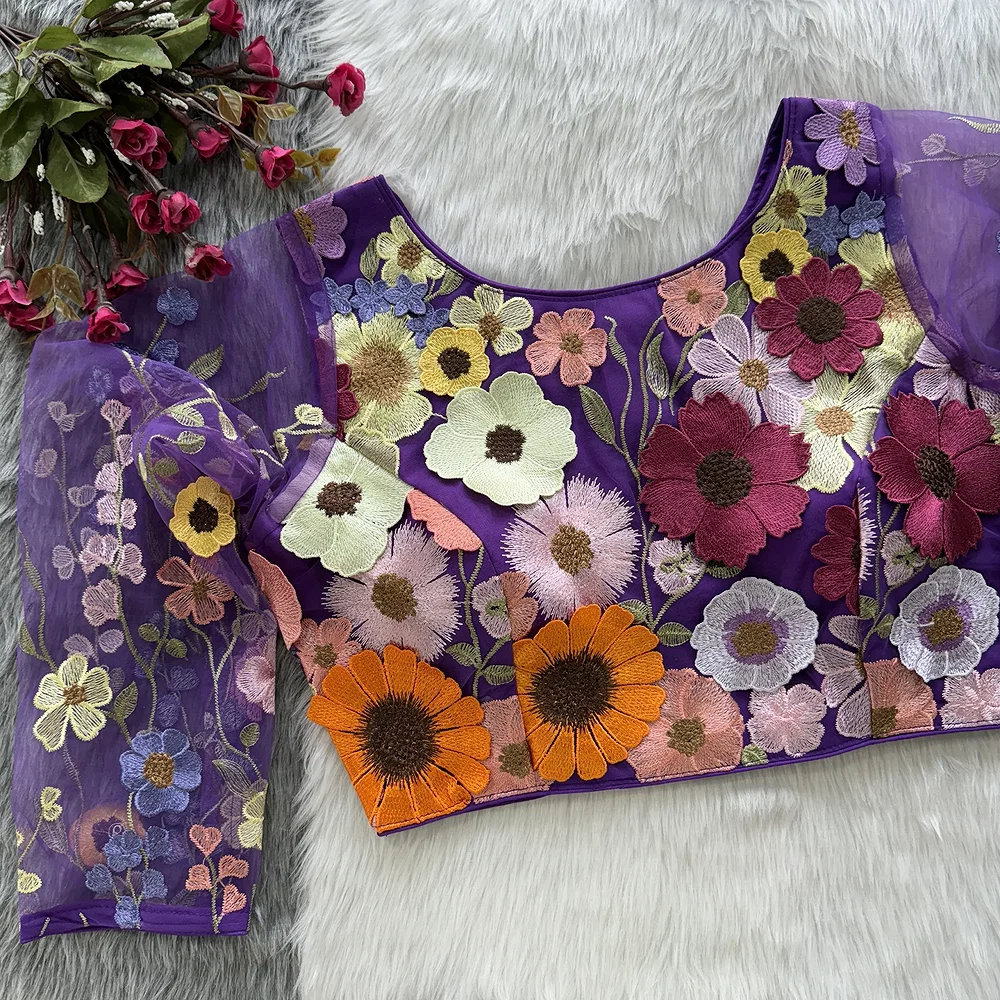 Purple Color Heavy Embroidery Work With Beautiful Fancy 3D Flowers — view 1
