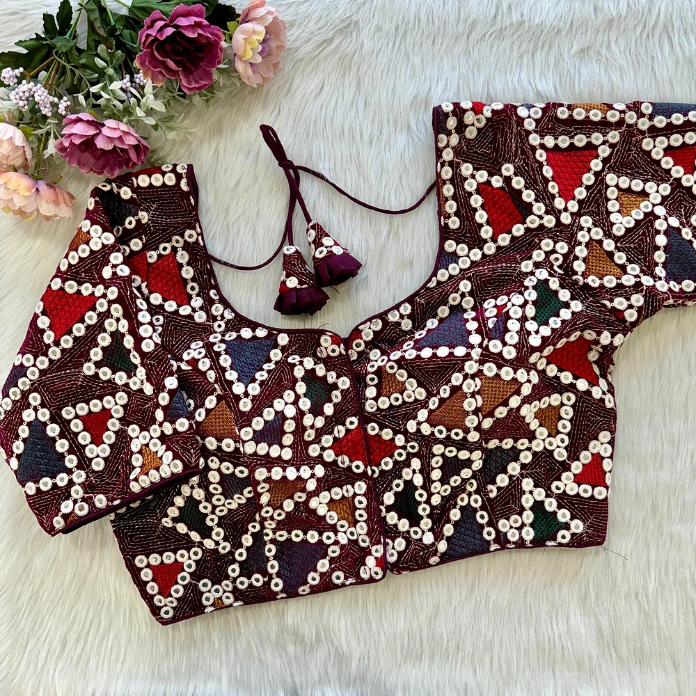 Wine Color Lucknowi Velvet Heavy Work Blouse — view 1