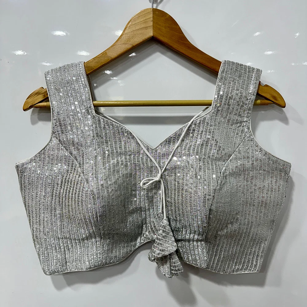 Silver Color Sequin Party Blouse with Open Back Design — view 1