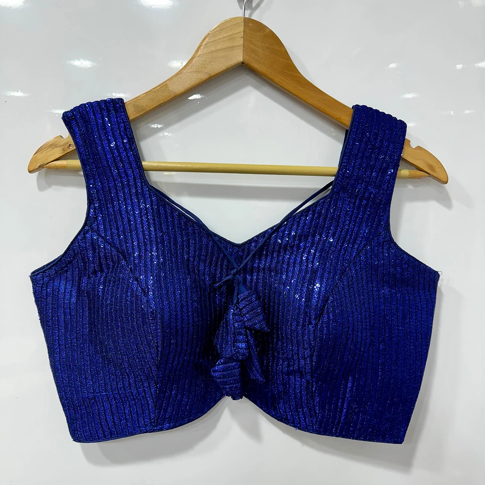Royal Blue Color Sequin Party Blouse with Open Back Design — view 1