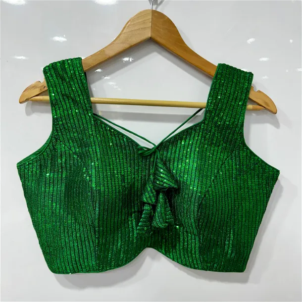 Bottle Green Color Sequin Party Blouse with Open Back Design