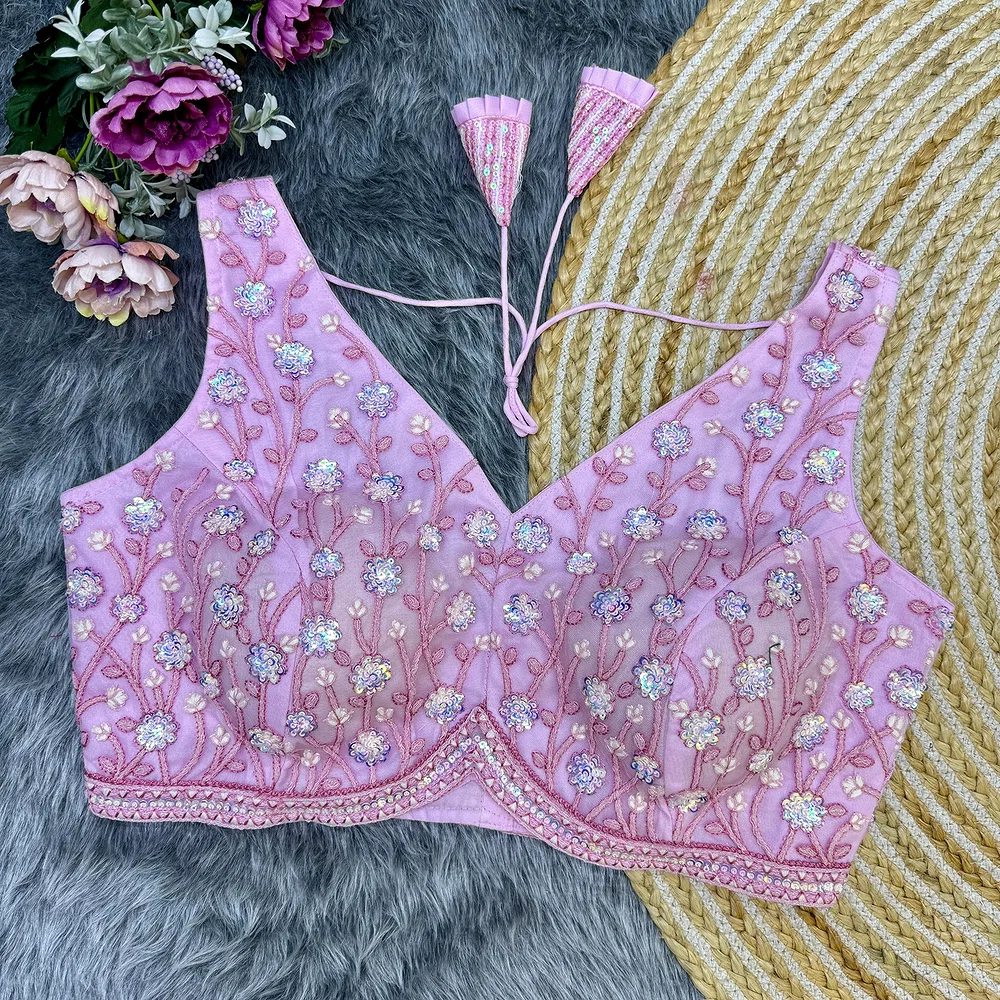 Baby Pink Color Partywear Blouse With Heavy Embroidery And Back-Open Style — view 1