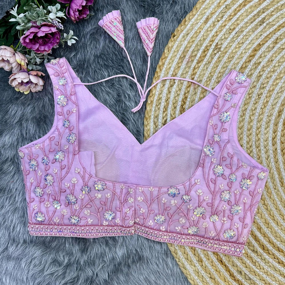 Baby Pink Color Partywear Blouse With Heavy Embroidery And Back-Open Style — view 2