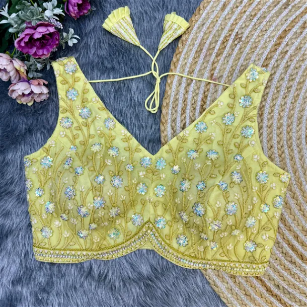 Yellow Color Partywear Blouse With Heavy Embroidery And Back-Open Style