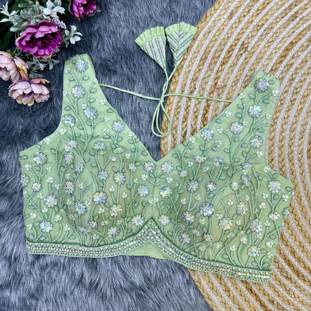 Pista Green Color Partywear Blouse With Heavy Embroidery And Back-Open Style — view 1