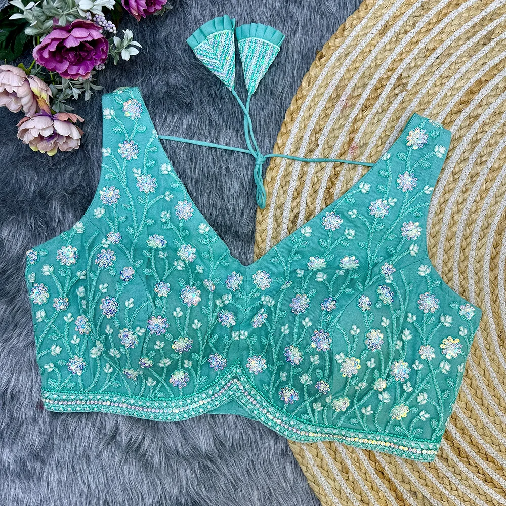 Sea Green Color Partywear Blouse With Heavy Embroidery And Back-Open Style — view 1