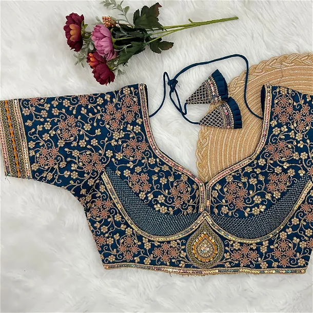 Royal Blue Heavy Bridal Wedding Blouse with Embroidery