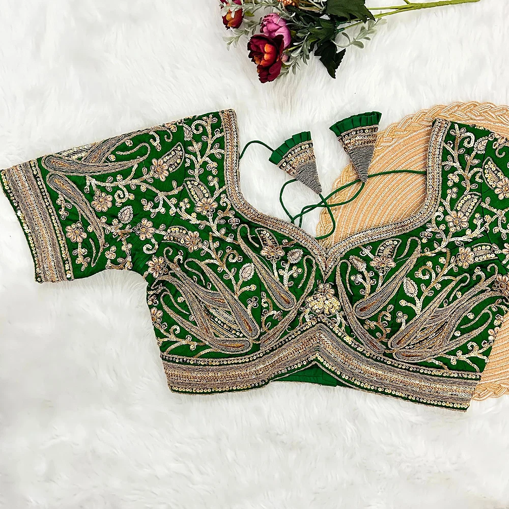 Green Color Heavy Apple-Cut Bridal Blouse — view 1