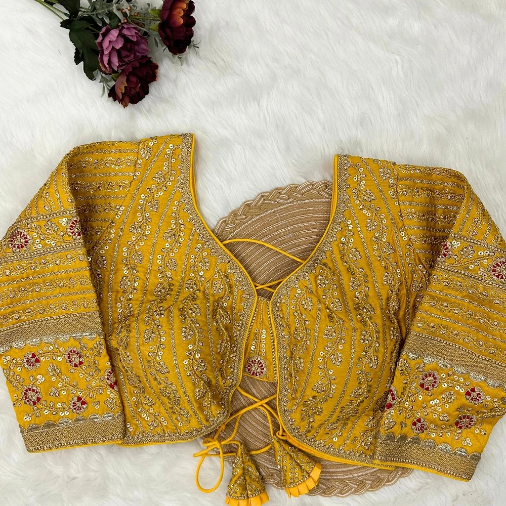Yellow Colour Bridal Blouse With Dori Latkans — view 1