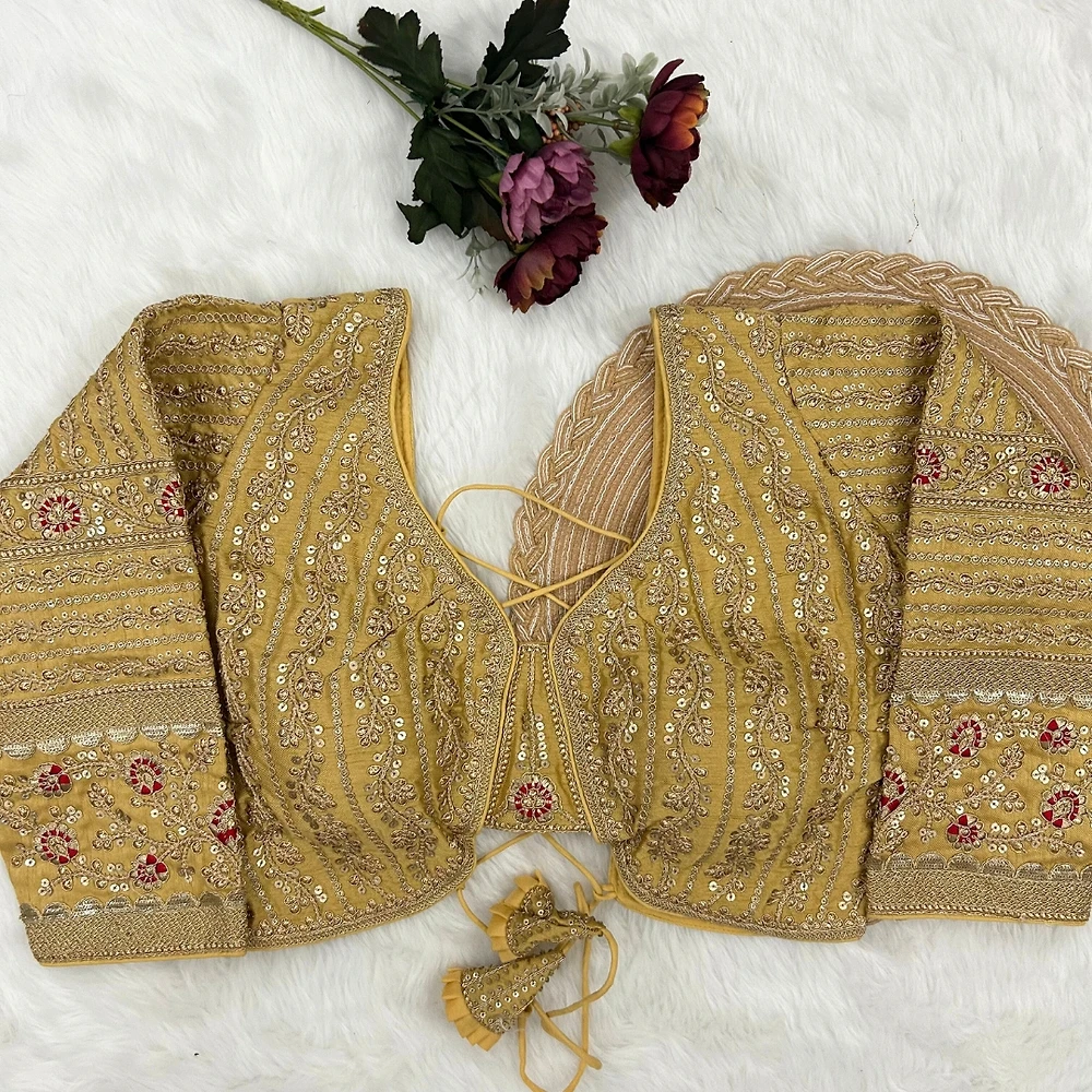 Gold Colour Bridal Blouse With Dori Latkans — view 1