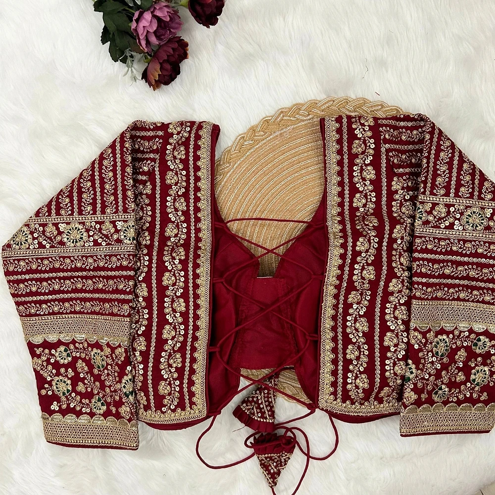 Maroon Colour Bridal Blouse With Dori Latkans — view 2