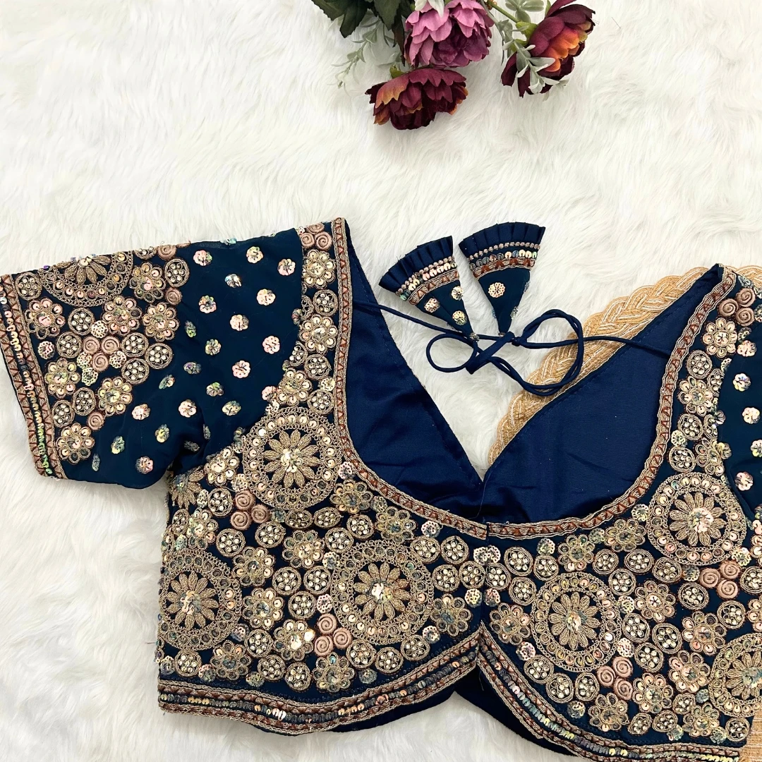 Blue Embroidery And Diamonds Work Bridal Wedding Blouse
