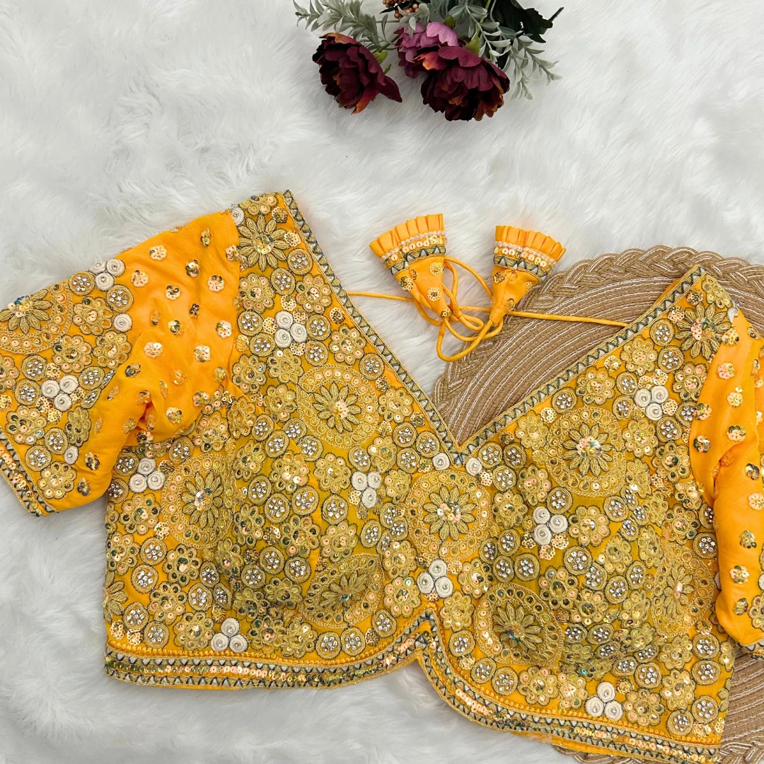 Yellow Embroidery And Diamonds Work Bridal Wedding Blouse