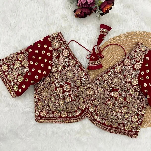 Maroon Embroidery And Diamonds Work Bridal Wedding Blouse