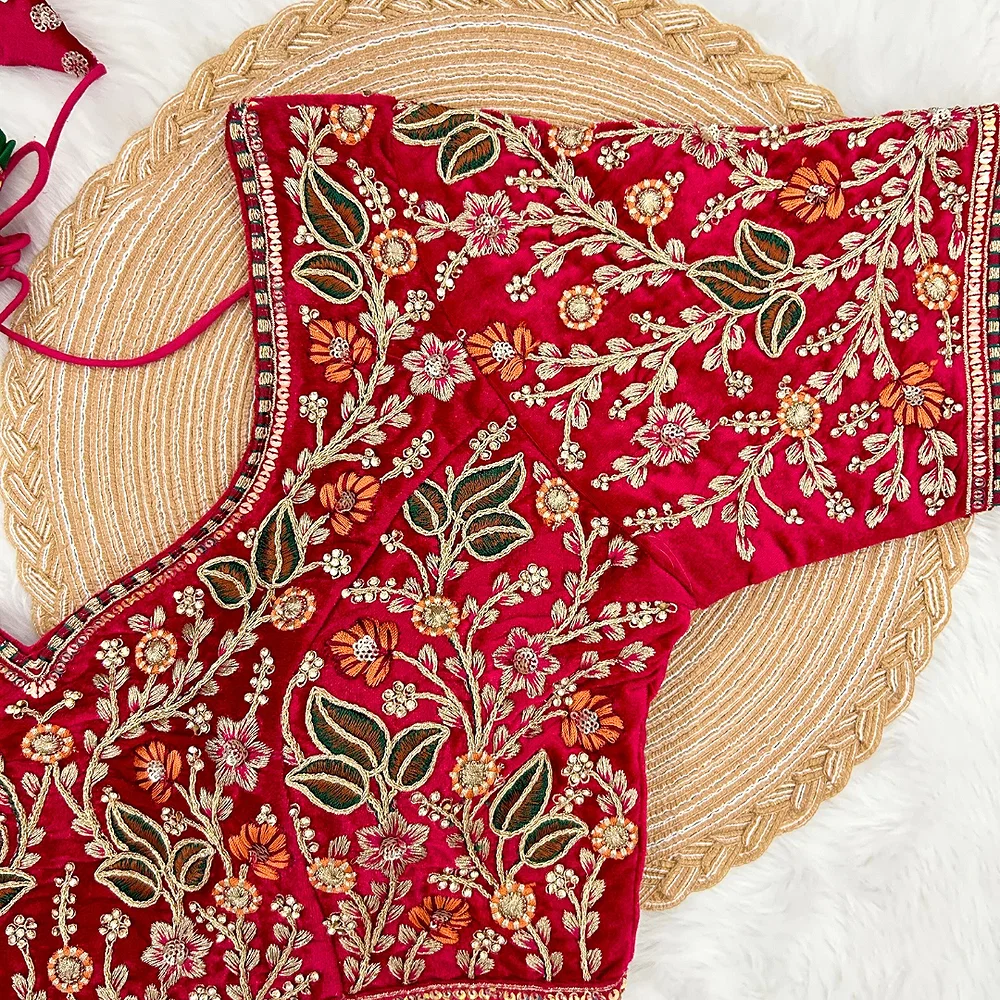 Rani Color Bridal Velvet Blouse with Diamond Handwork — view 3