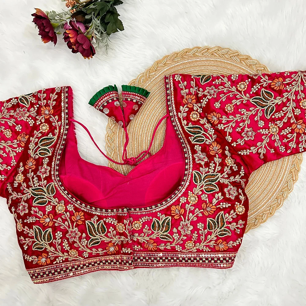 Rani Color Bridal Velvet Blouse with Diamond Handwork — view 2